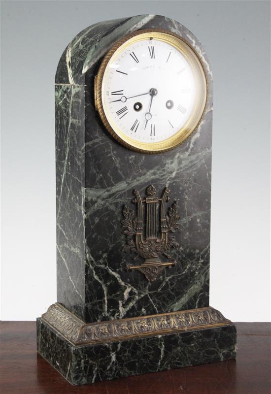 A 19th century French ormolu mounted green marble mantel clock, 15in.